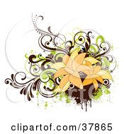 Poster, Art Print Of Bouquet Of Orange Lilies And Brown And Green Vines With Circles And Grunge Splatters