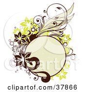 Clipart Illustration Of A Blank Beige Circle With Brown And Green Vines And Flowers by OnFocusMedia