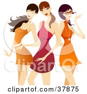 Clipart Illustration Of Three Flirty Pretty Ladies In Red And Orange Dresses