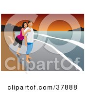 Clipart Illustration Of A Happy Young Couple Embracing And Standing In The Surf On A Beach At Sunset by David Rey