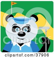 Giant Panda Bear In A Blue Shirt And Visor Hat Holding A Club While Golfing