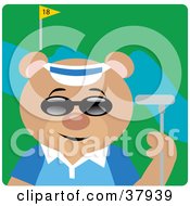 Clipart Illustration Of A Teddy Bear In Shades A Blue Shirt And Visor Hat Holding A Club While Golfing by Dennis Holmes Designs
