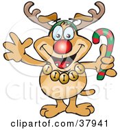Festive Brown Dog Wearing Jingle Bells Holding A Candy Cane And Dressed Like Rudolph The Red Nosed Reindeer