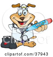 Clipart Illustration Of A Doctor Dog Wearing A Head Lamp And Holding Out A Blue Thermometer by Dennis Holmes Designs