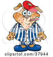 Poster, Art Print Of Brown Dog Sick With The Chicken Pox Wearing A Cold Pack On His Head And Biting A Thermometer In His Mouth