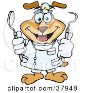 Clipart Illustration Of A Dentist Dog Wearing A Head Lamp And Holding Up Tools