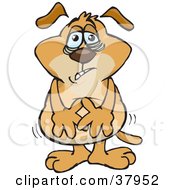 Poster, Art Print Of Sick Brown Dog With Bags Under His Eyes Holding His Belly While Feeling A Wave Of Nausea