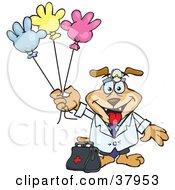 Pediatrician Dog Standing With A Medicine Bag And Holding Colorful Hand Shaped Balloons