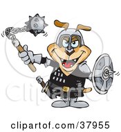Poster, Art Print Of Tough Medieval Dog Swinging A Mace Ball And Chain And Holding A Shield In Battle