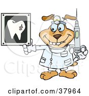 Clipart Illustration Of A Dentist Dog Wearing A Head Lamp Holding A Syringe And Looking At A Tooth Xray by Dennis Holmes Designs