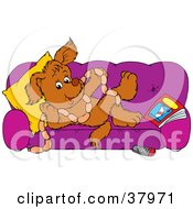 Clipart Illustration Of A Spoiled Dog On A Purple Couch Holding Links Of Sausage