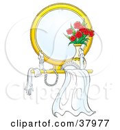 Clipart Illustration Of A Brides Veil Necklace And Gloves On A Mirror Shelf With Flowers And A Candle by Alex Bannykh