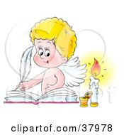 Clipart Illustration Of A Blond Angel Signing A Wedding Book By A Candle by Alex Bannykh
