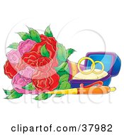 Poster, Art Print Of Wedding Rings In A Box By A Pen And Roses