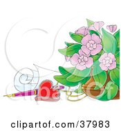 Poster, Art Print Of Vase Of Pink Flowers Red Heart Pendant Pen And Rolled Paper