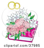 Poster, Art Print Of Wedding Bands Over White Flowers And Pink Roses On A Book