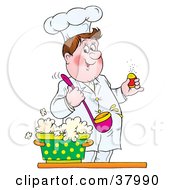 Clipart Illustration Of A Smiling Male Chef Holding A Ladle Over A Pot Of Soup Preparing To Season It With Salt by Alex Bannykh