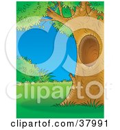 Poster, Art Print Of Mature Tree With A Hole Framing A Scene Of Lush Lawn And Bushes