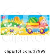 Friendly Boy Waving While Driving A Watermelon In A Truck By Flowers And Butterflies