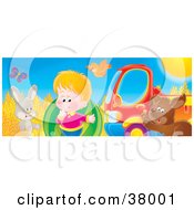 Poster, Art Print Of Rabbit Bird Butterfly Boy And Puppy Trying To Load A Heavy Watermelon Into A Truck