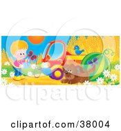 Poster, Art Print Of Butterflies Around A Boy Bluebird And Puppy Beside A Truck And Watermelon At The Edge Of A Wheat Field