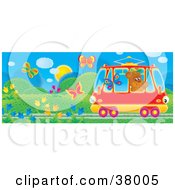 Poster, Art Print Of Friendly Bear Waving At Butterflies While Riding Past In A Rail Car