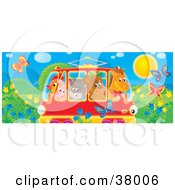 Poster, Art Print Of Horse Bear Cat Pig And Chicken Crowded Into A Rail Car Passing A Meadow With Butterflies And Flowers
