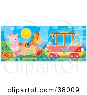 Bird In A Tram Car Passing A Pig And Horse By Butterflies And Flowers