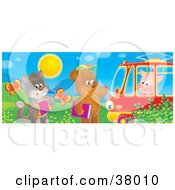 Poster, Art Print Of Cat With An Accordian And Bear With A Book Waving At A Piggy In A Tram Car