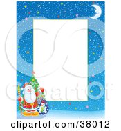 Poster, Art Print Of Starry Winter Night Christmas Border With Santa A Christmas Tree And Toy Sack