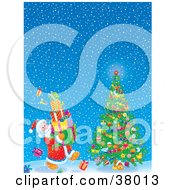 Poster, Art Print Of Santa Claus Carrying Gifts To A Christmas Tree On A Snowy Night