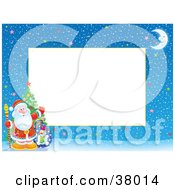 Poster, Art Print Of Santa Waving And Standing With A Christmas Tree And Toy Sack On A Winter Night Stationery Border