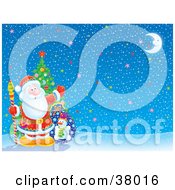 Poster, Art Print Of Santa In Front Of A Christmas Tree On A Starry Winter Background