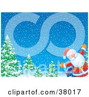Clipart Illustration Of Santa Holding His Arms Open Near Trees On A Snowy Night