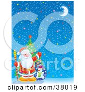 Poster, Art Print Of Santa With A Tree And Toy Sack In The Corner Of A Starry Christmas Background