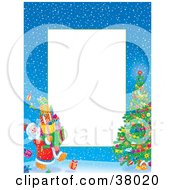 Poster, Art Print Of Border Of Santa Carrying Presents To A Christmas Tree