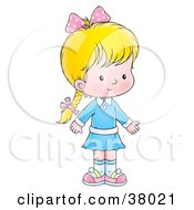 Clipart Illustration Of A Blond Caucasian Girl In A Blue Dress Wearing Her Hair In A Braid