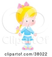 Clipart Illustration Of A Shy Blond Caucasian Girl In A Blue Dress Wearing A Pink Bow Atop Her Braid