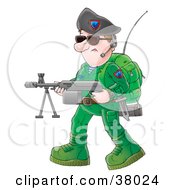 Poster, Art Print Of Soldier In Green With An Antenna On His Back Carrying A Weapon And Wearing A Headset