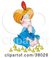 Clipart Illustration Of An Arabian Man In Lue Seated Before Sharp Pins