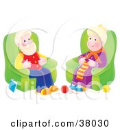 Happy Senior Woman Knitting And Sitting In A Chair By Her Husband
