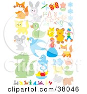 Poster, Art Print Of Set Of Animals People And Flowers