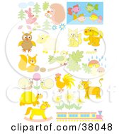 Poster, Art Print Of Pastel Animals Flowers And A Train