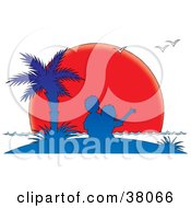 Poster, Art Print Of Couple Under A Palm Tree Silhouetted In Blue Against A Red Sunset Sun