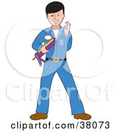 Poster, Art Print Of Friendly Caucasian Man In A Blue Uniform Holding A Caulking Gun