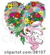 Poster, Art Print Of Pink Rabbit Winking And Carrying An Oversized Heart Shaped Floral Bouquet