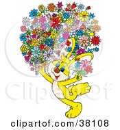 Clipart Illustration Of A Yellow Bunny Carrying An Oversized Floral Bouquet