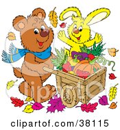 Poster, Art Print Of Brown Bear And Yellow Rabbit Pushing A Wheelbarrow Of Autumn Veggies