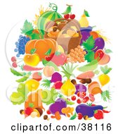 Clipart Illustration Of Harvested Fruits And Veggies Surrounding A Small Basket Of Mushrooms