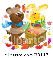 Poster, Art Print Of Happy Rabbit And Bear Pushing A Wheelbarrow Of Harvested Veggies